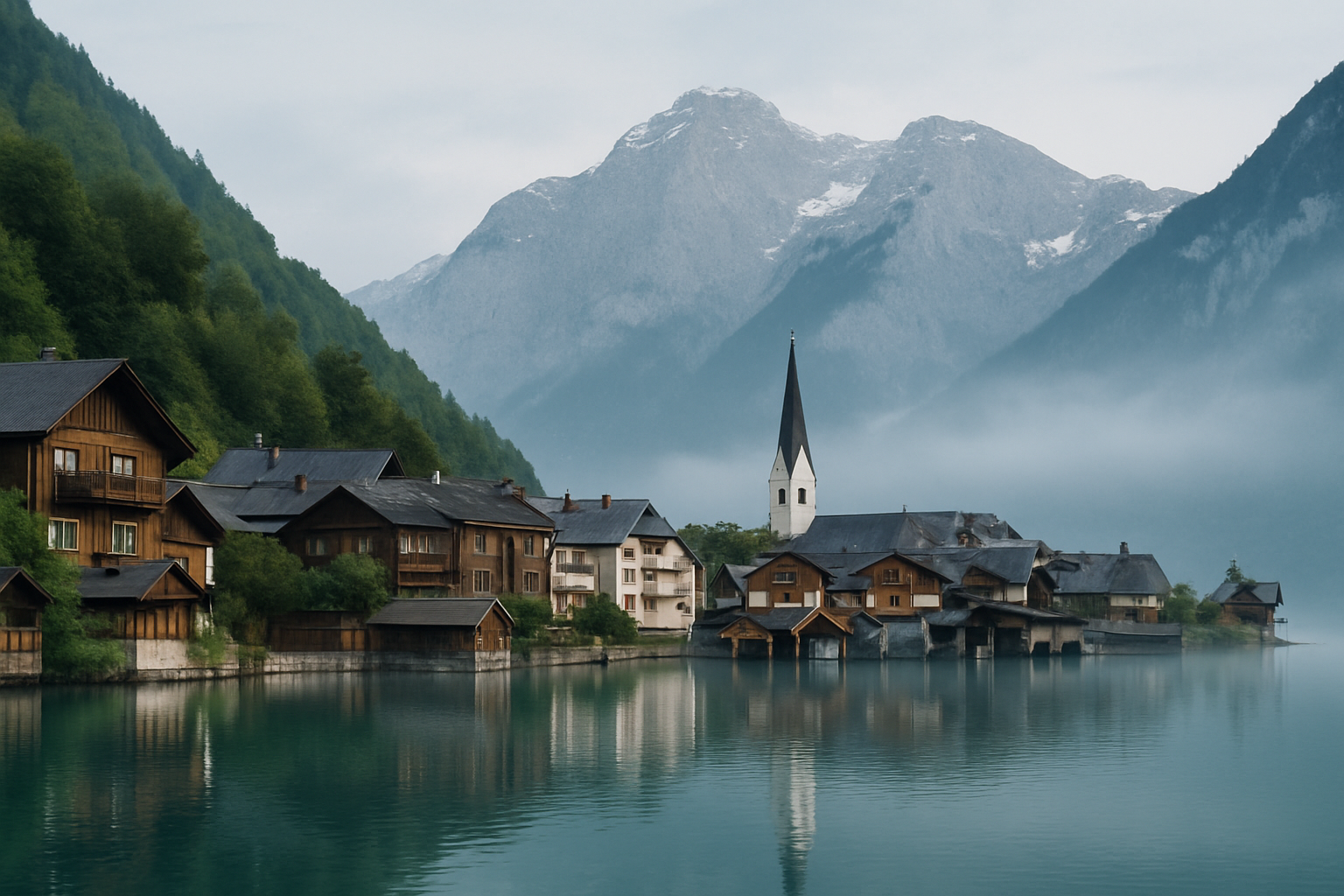 Quiet alpine lakeside village with wooden chalets and a white church spire beneath snow-dusted peaks