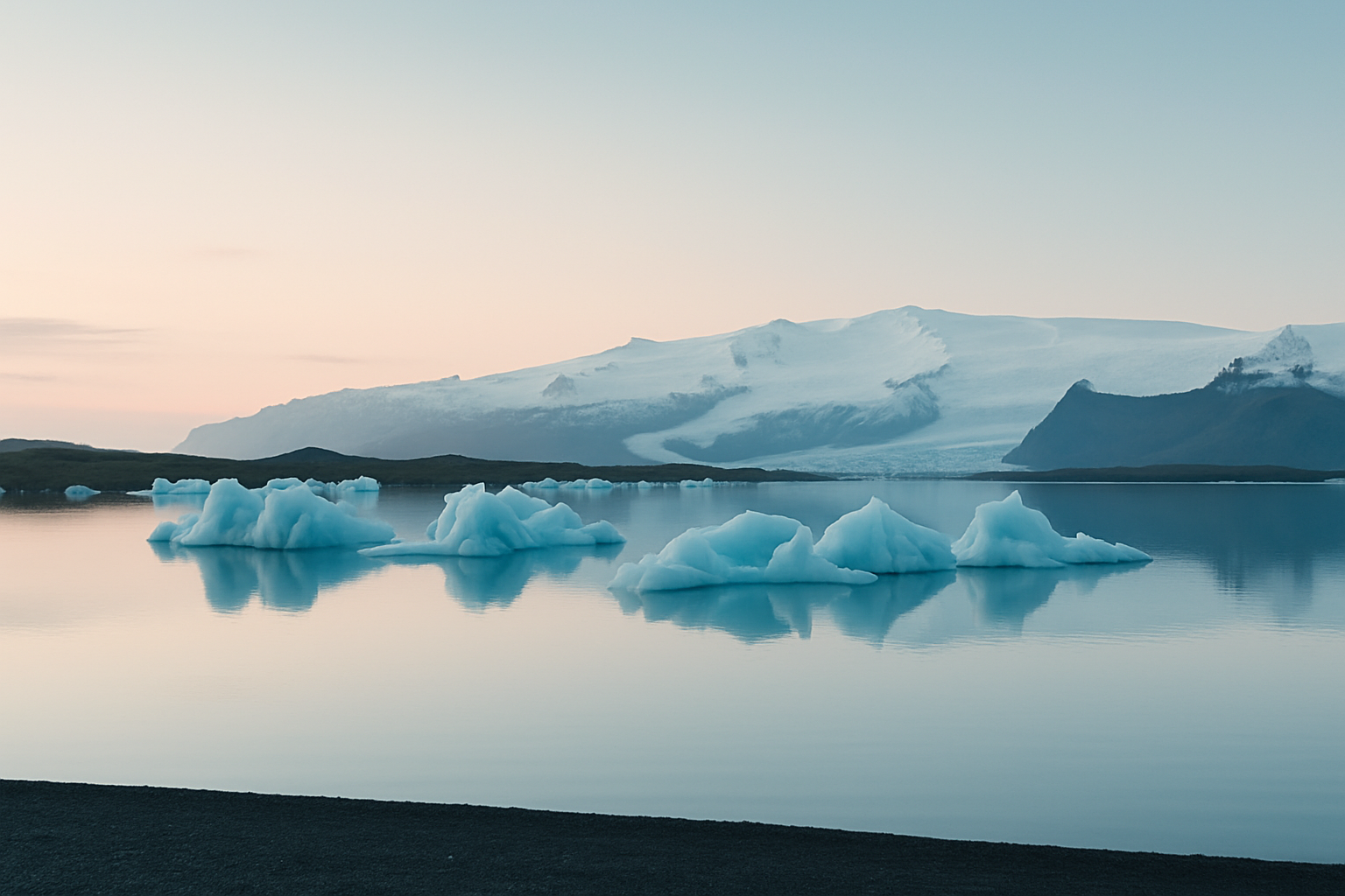Floating icebergs in a still glacier lagoon at dawn in Iceland, pale blue light over black sand