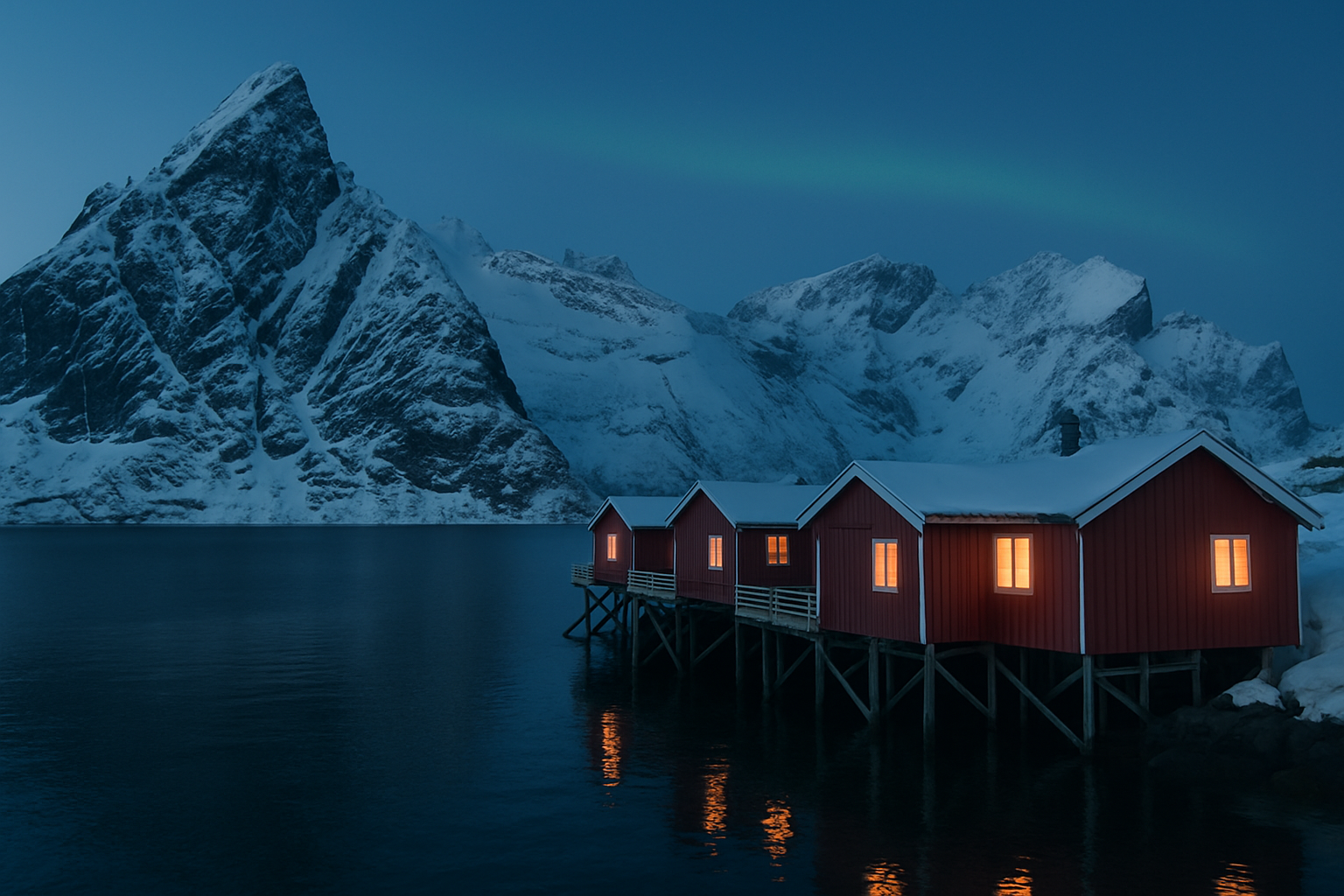Red fishermen's cabins on stilts over calm water in Lofoten during the winter blue hour, soft northern lights above