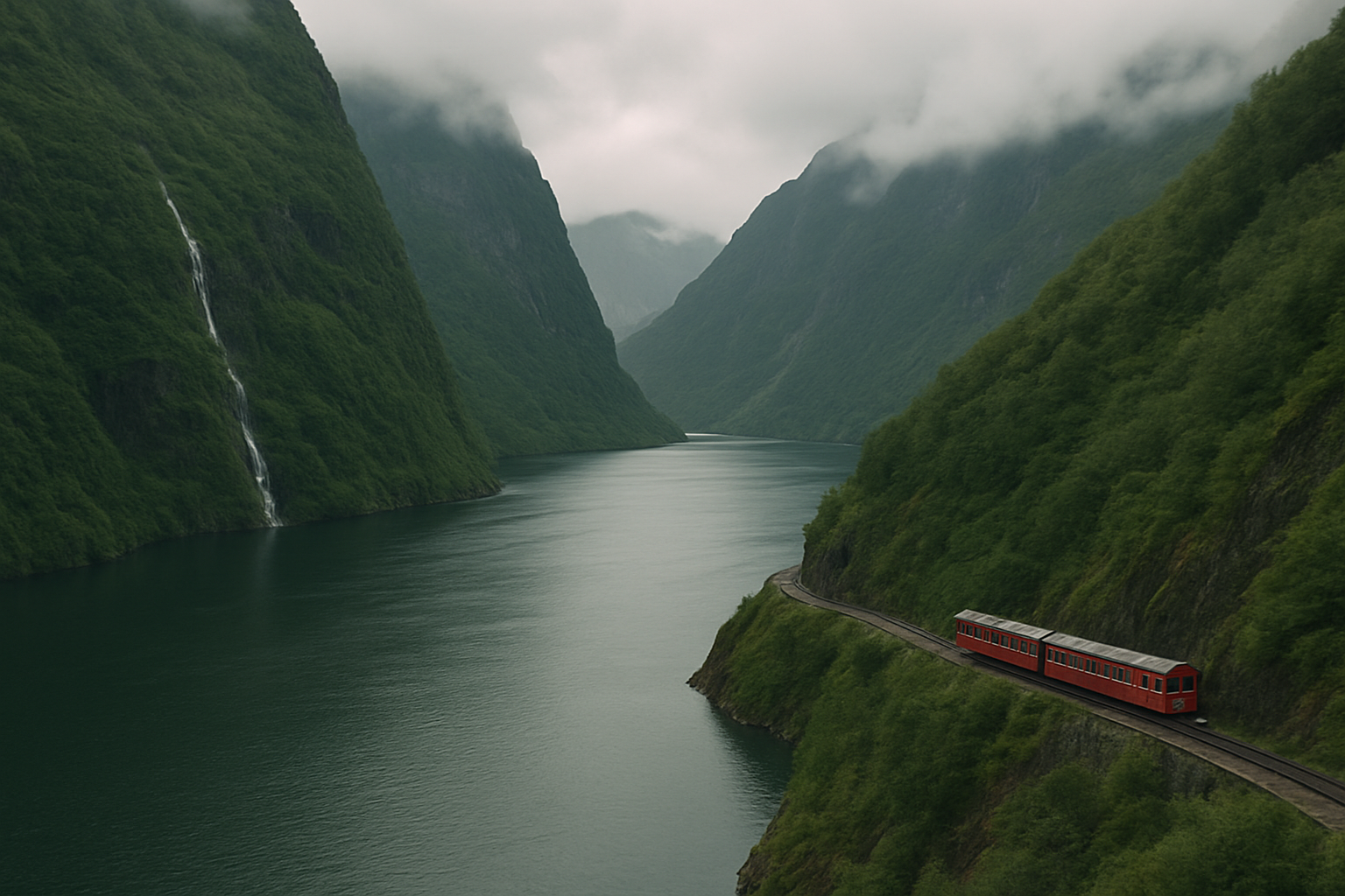 Deep green Norwegian fjord with steep cliffs and a small red rail carriage winding along the mountainside