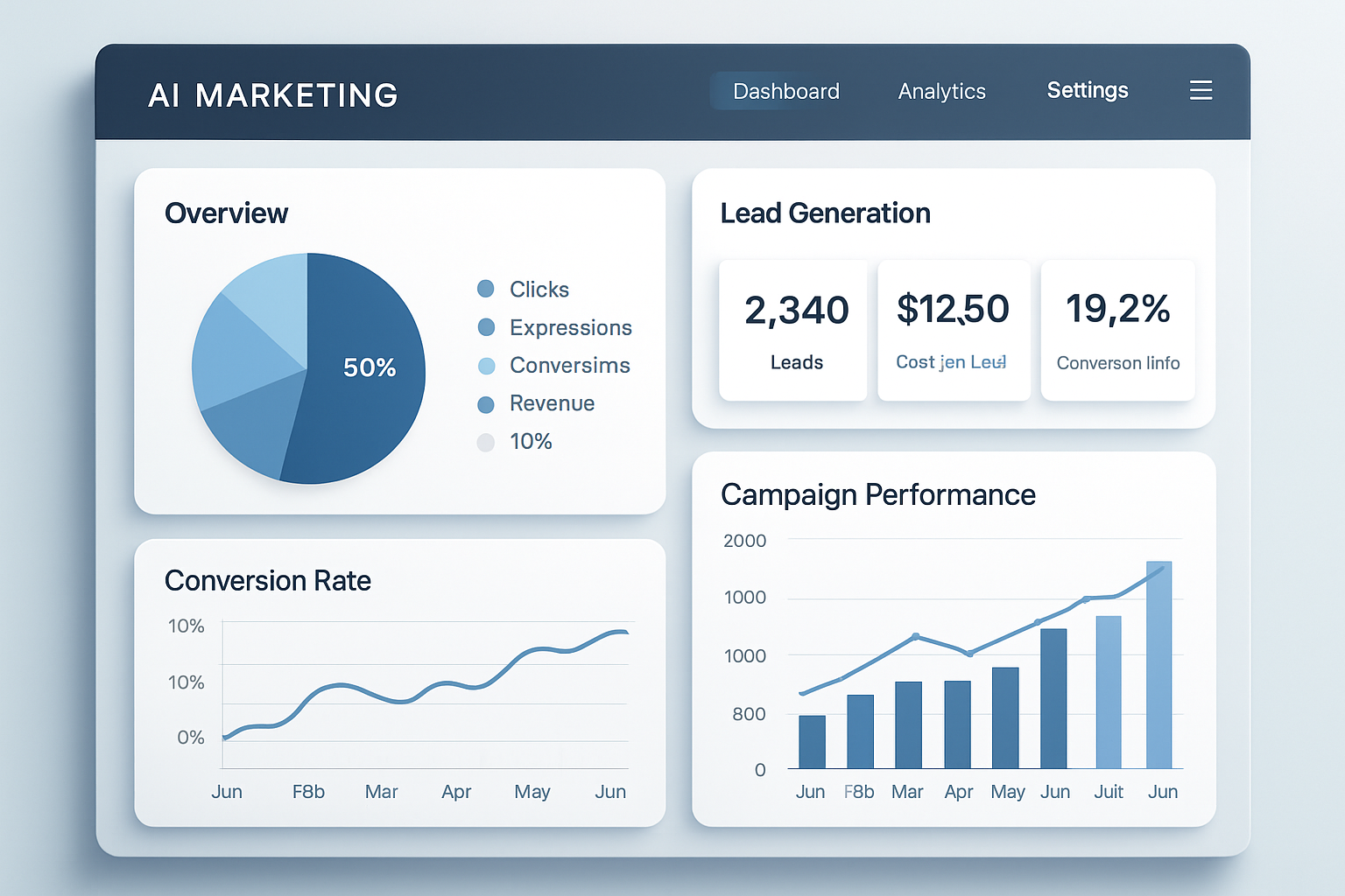 Modern AI marketing dashboard showing analytics and campaign results