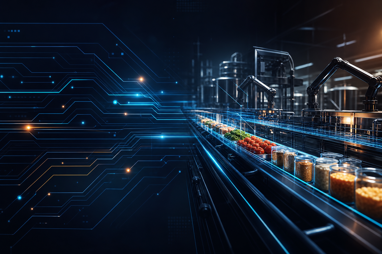 Abstract industrial technology visualization combining circuit lines and automated food manufacturing silhouettes in a dark premium style