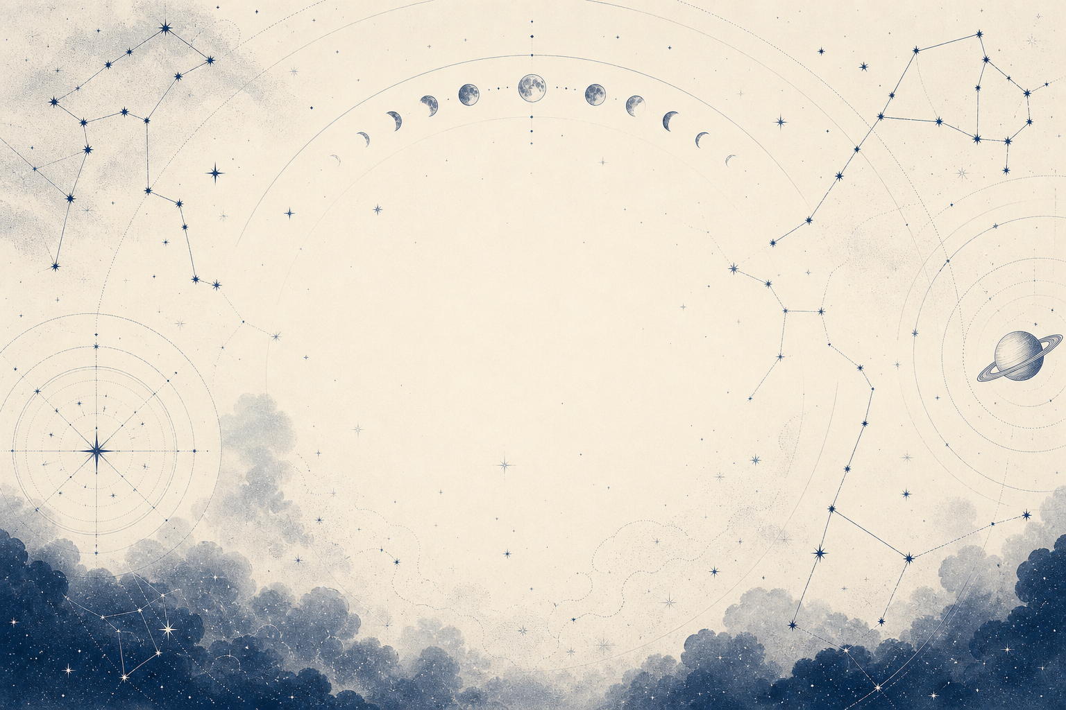 Atmospheric celestial sky chart with fine navy constellation lines, tiny star points, moon-phase arcs, and delicate orbital geometry on a soft cream field