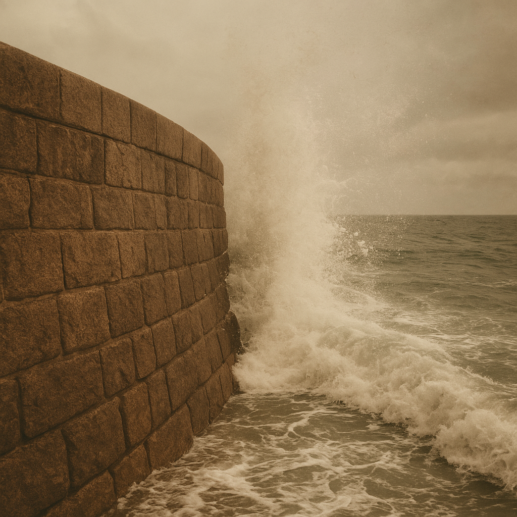 A curved granite sea wall with tide spray striking its weathered surface