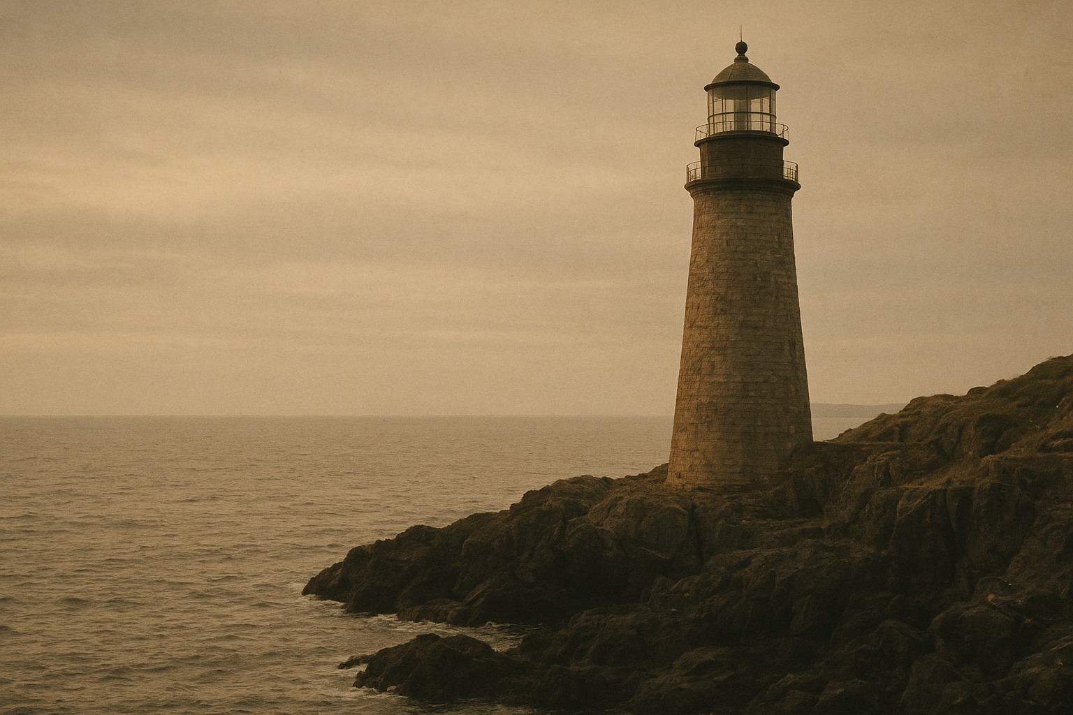 Historic lighthouse on a rugged northern coastline with weathered stone, sea haze, and warm late-afternoon light