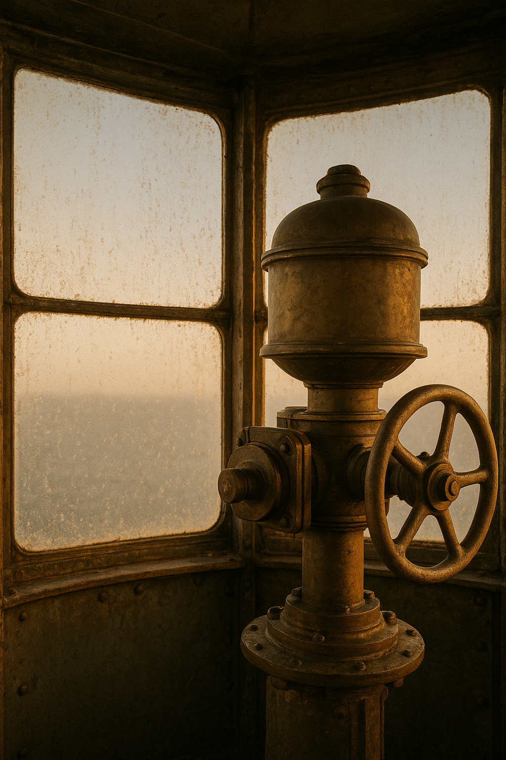 Close archival-style detail of a lighthouse lantern room interior with weathered brass fittings, textured glass, and warm coastal light