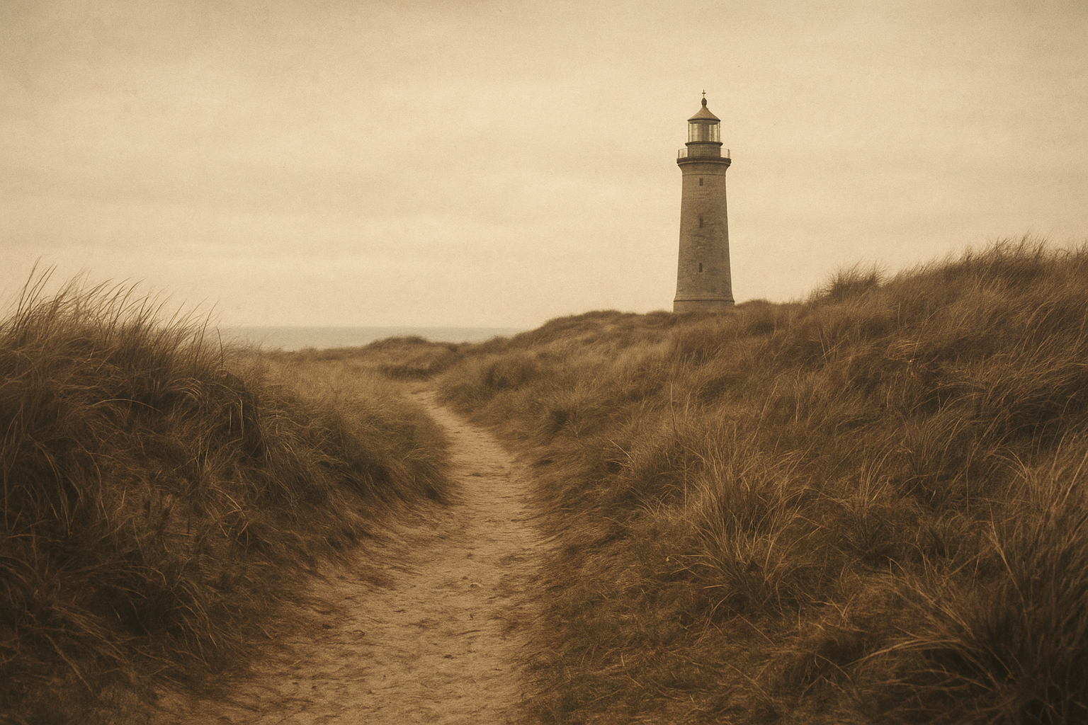 Worn keeper footpath crossing windswept grass toward a distant tower
