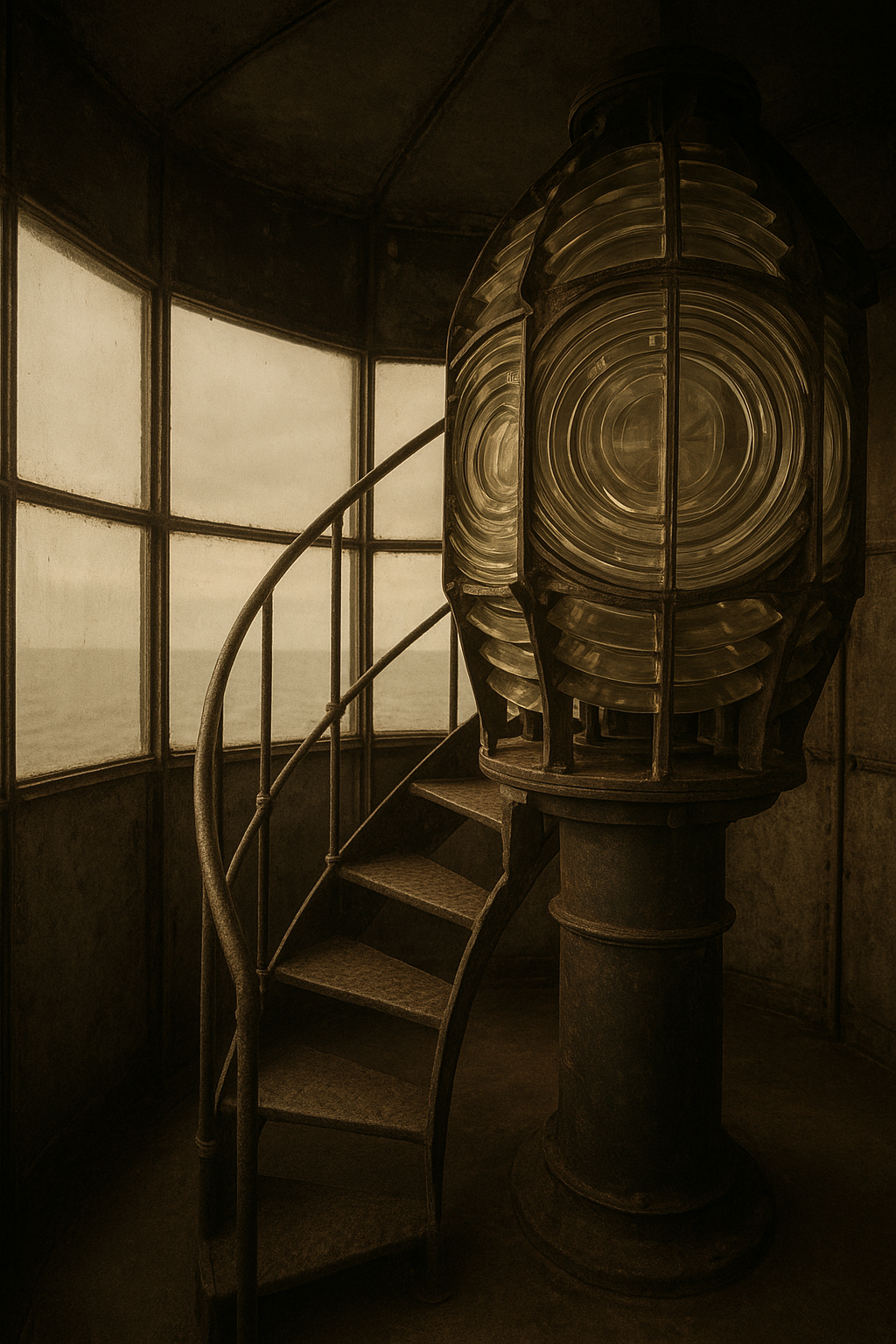 Brass lens assembly and narrow iron stairs inside a lantern room