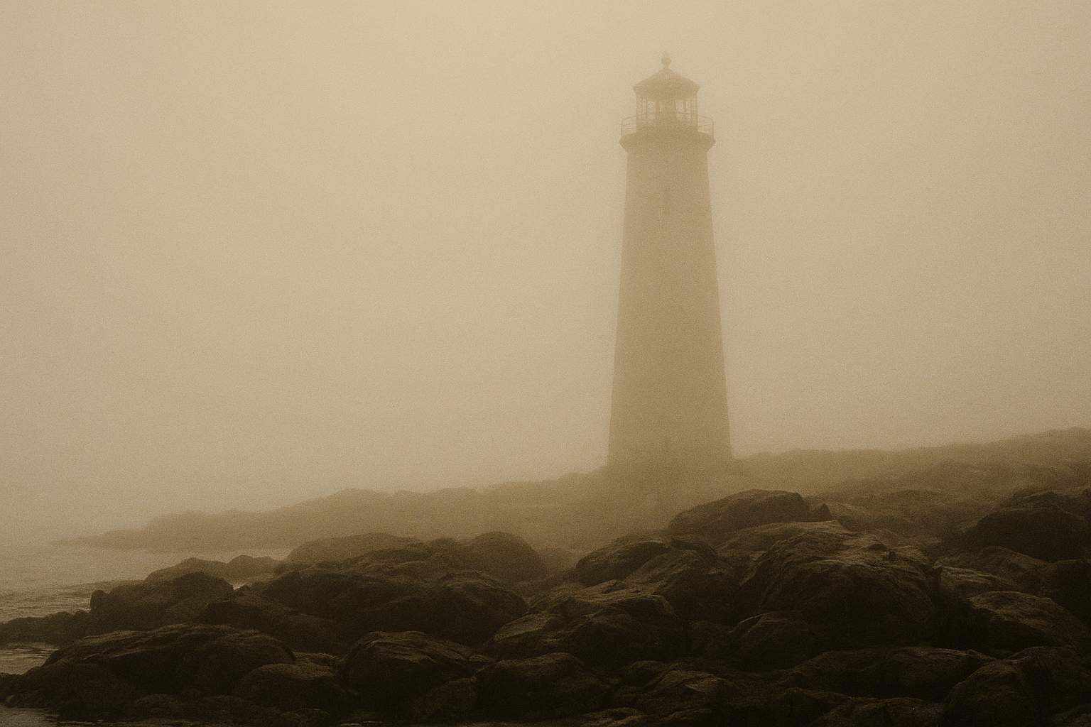 Tall lighthouse emerging through heavy morning fog above dark shoreline rocks