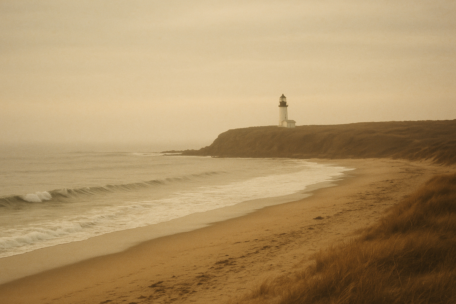 Wide shoreline view with distant lighthouse and low evening surf