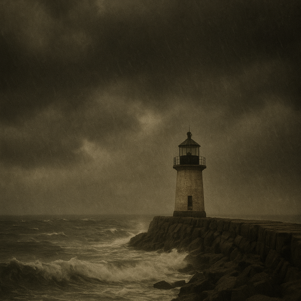 Small breakwater light under dark storm clouds and rough sea