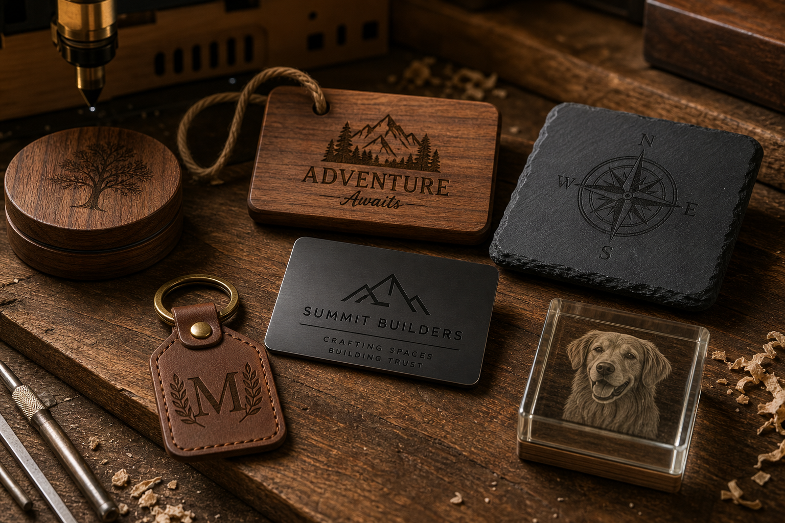 assorted engraved specialty items arranged on a workshop table