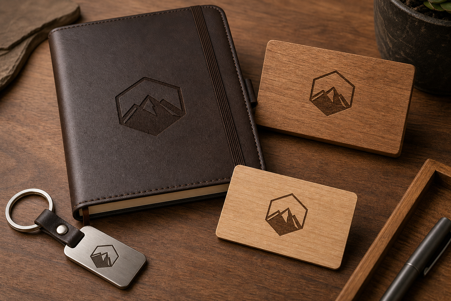 Engraved leather notebook, wooden business cards, and branded desk accessories arranged for a client gift set
