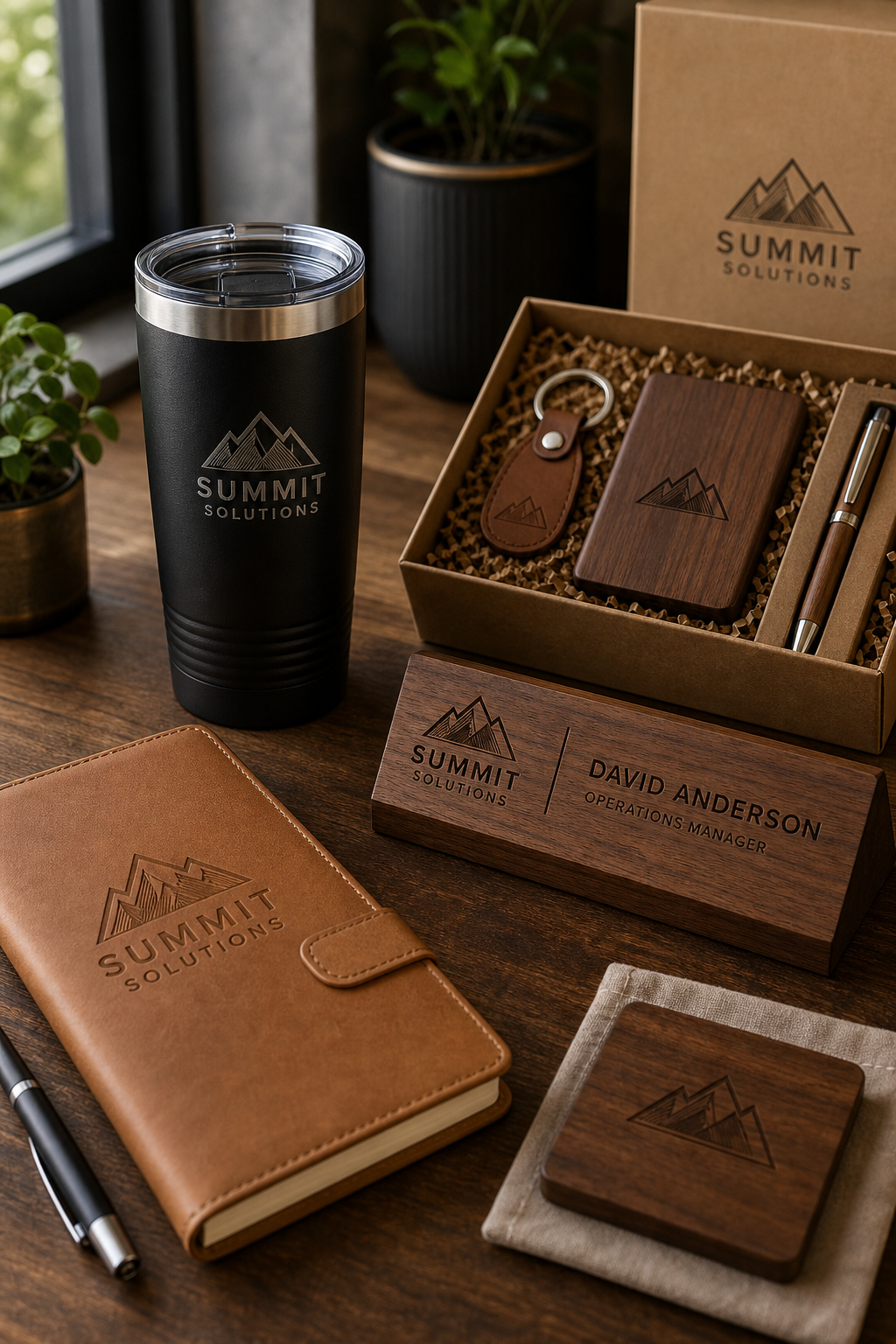 Branded business product arrangement on a desk surface with engraved notebooks, drinkware, and boxed client gifts