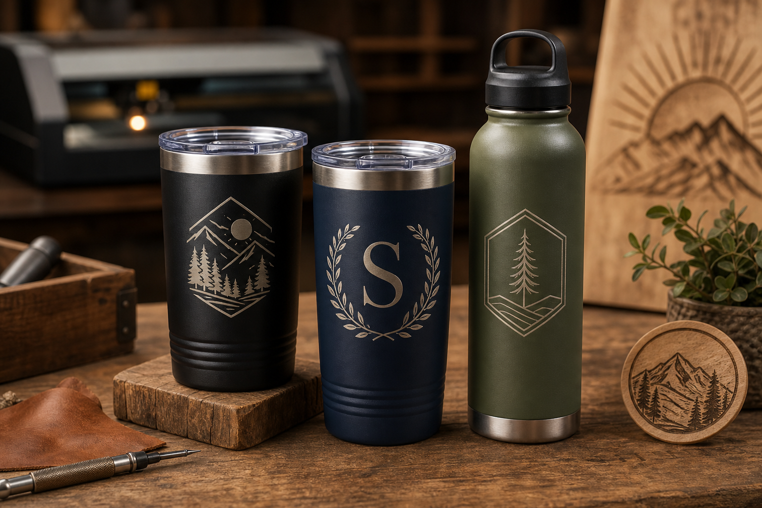 Close-up of engraved stainless steel tumblers and a water bottle on a warm wooden workbench