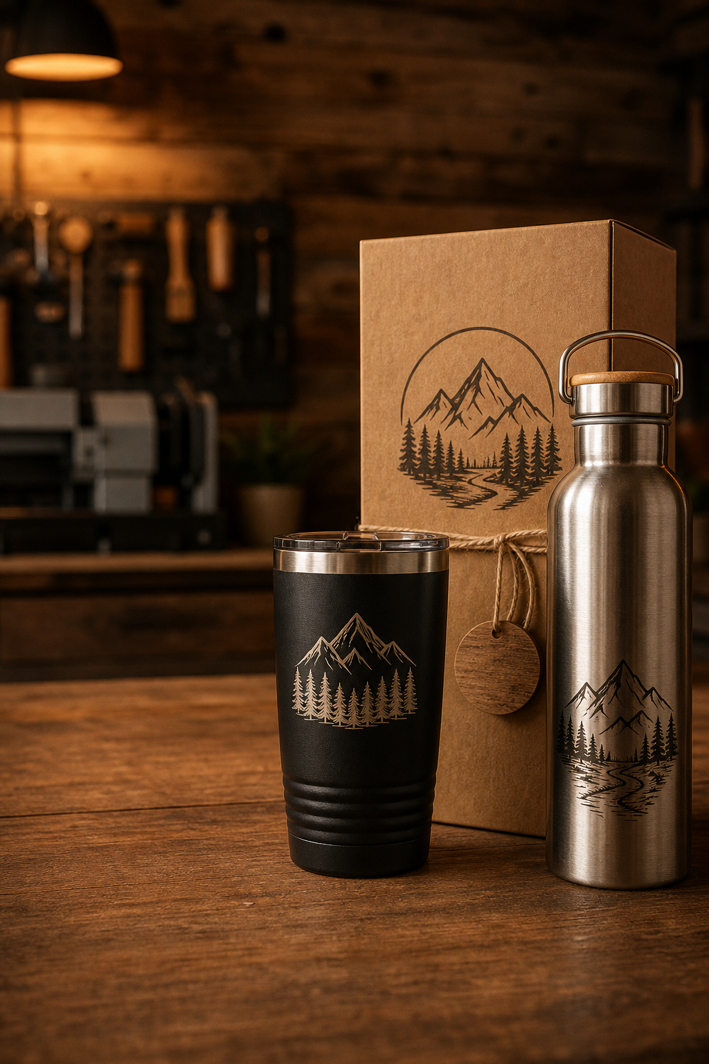 Featured engraved tumbler set on a warm workshop surface