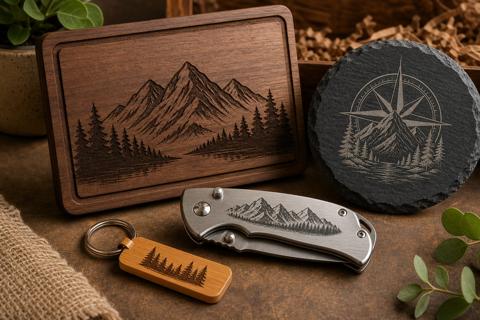 Mixed engraved pieces including a keychain, wooden plaque, and pocket knife displayed in a handcrafted studio setting