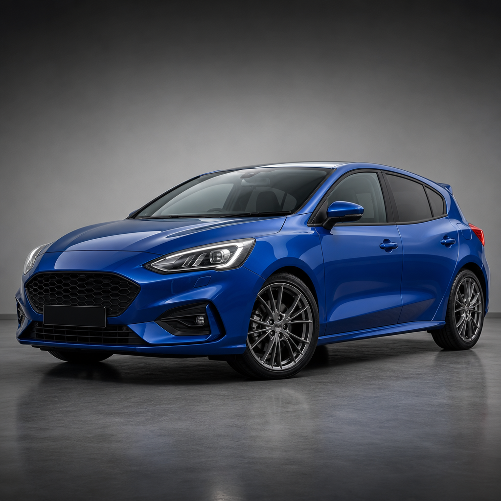 Blue compact hatchback with sporty profile and gloss finish