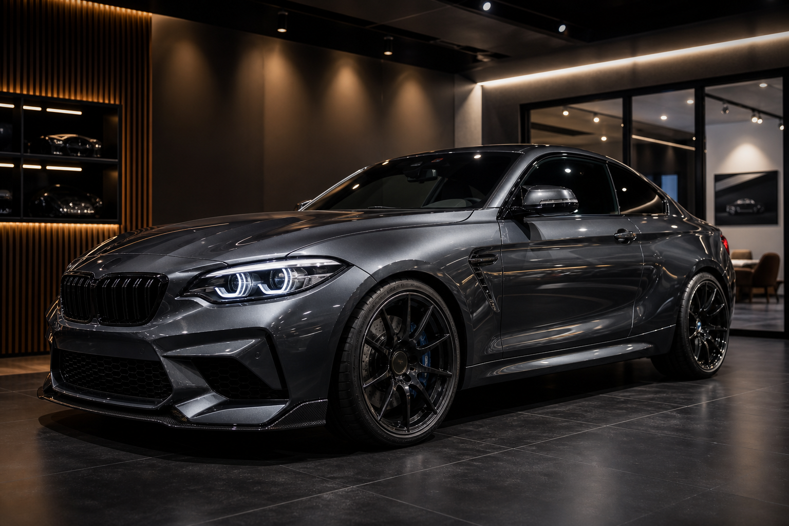 Graphite gray refurbished performance coupe in a modern showroom with dramatic lighting