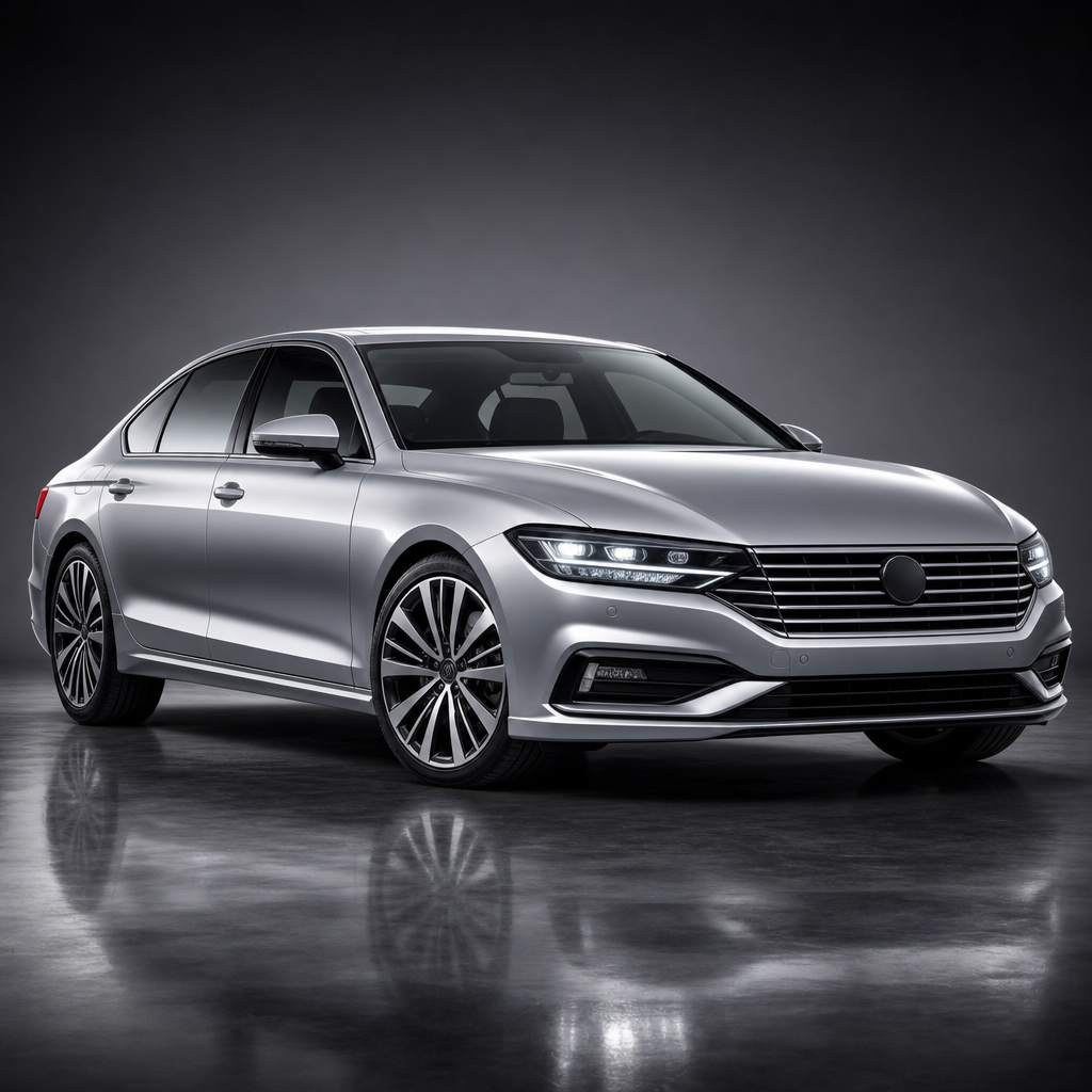Silver refined sedan with sleek body lines and modern headlights