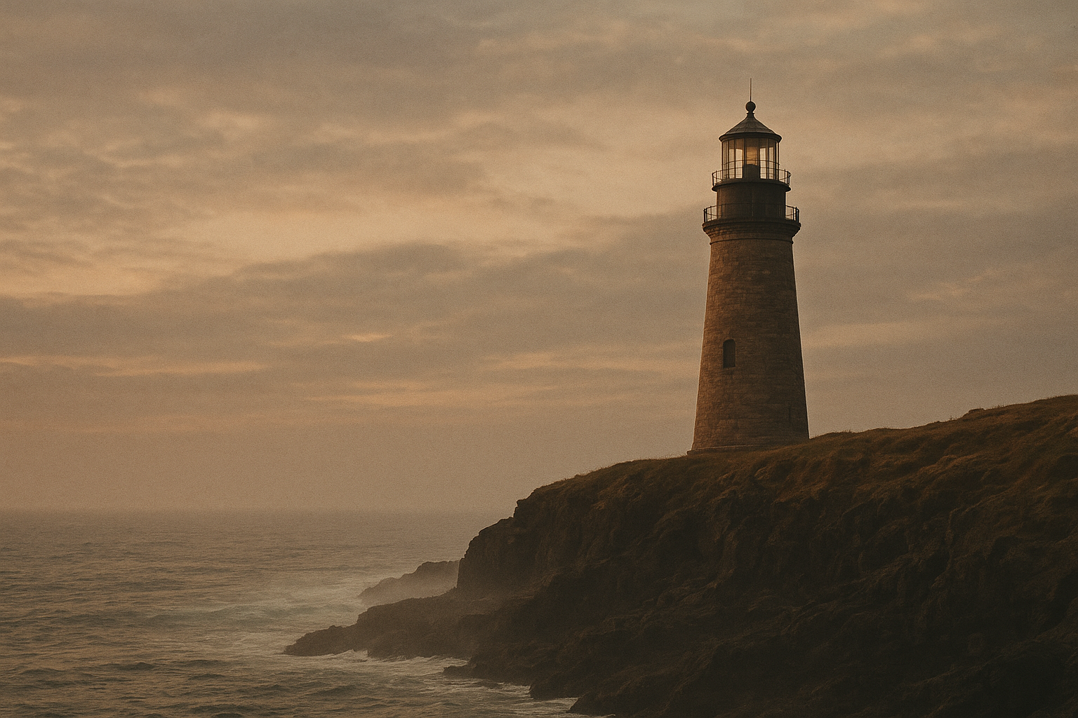 Atmospheric northern coast lighthouse on rugged cliffs at dusk with warm film-like tones and soft sea mist