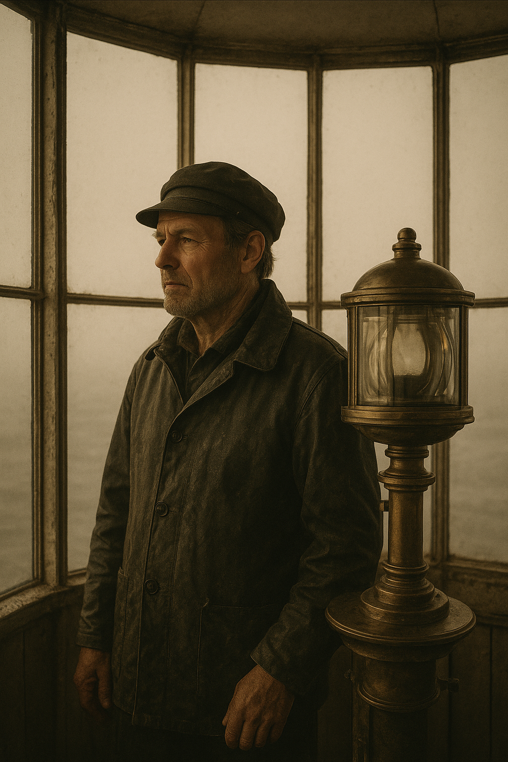 Archival-style portrait of a northern coast lighthouse keeper in oilskin jacket standing near a lantern room window