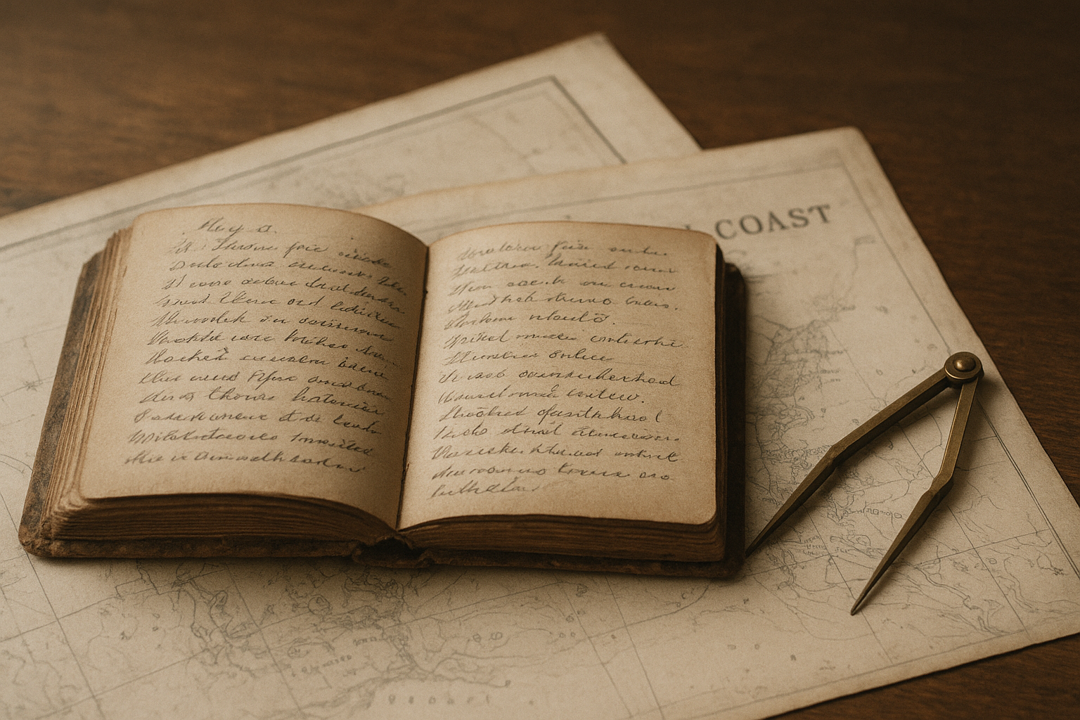 Close archival view of a lighthouse keeper logbook beside a coastal chart and brass divider