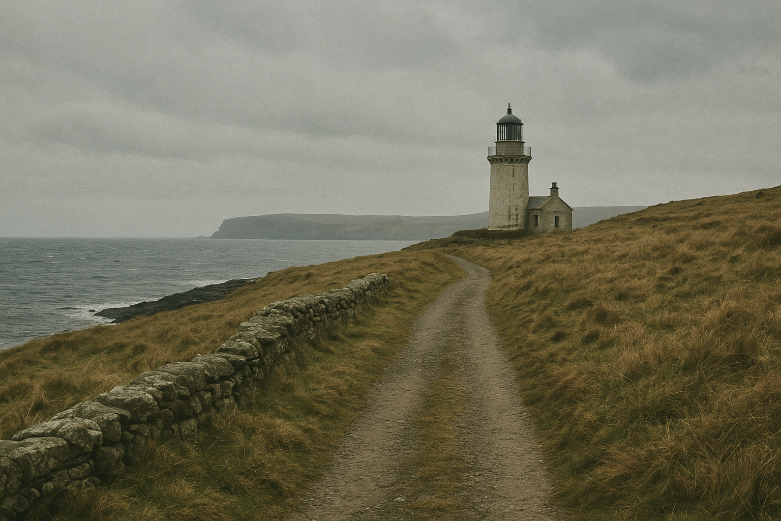 Wind-beaten lighthouse approach road above a cold northern shoreline