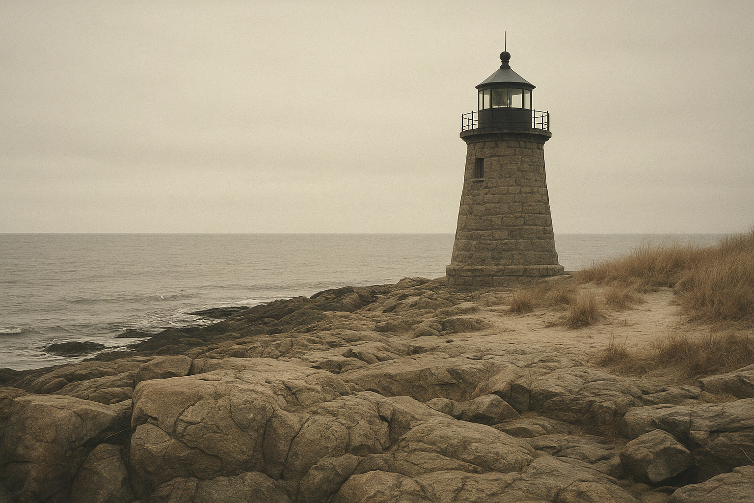Winter-light coastline with a preserved stone lighthouse above a low tide cove
