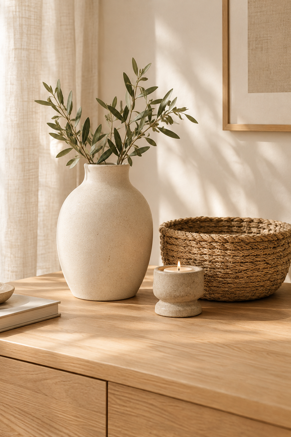 Calm home corner with a handmade ceramic vase, woven basket, and candle holder in warm daylight