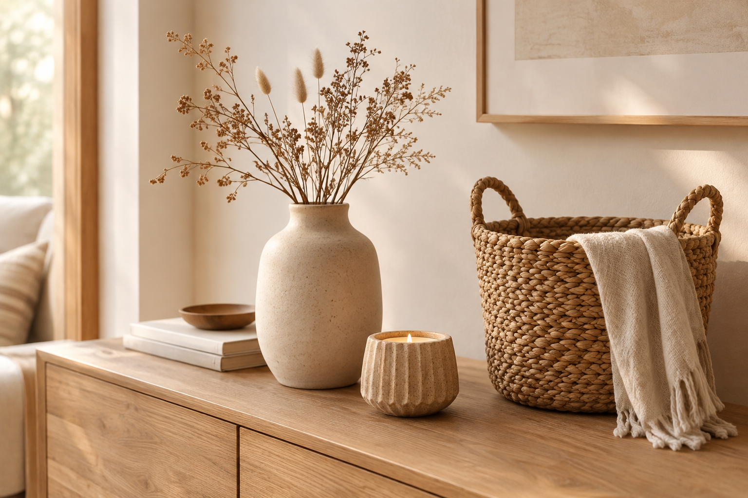 Styled handmade home decor scene with ceramic vase, woven basket, and candle holder in a warm natural interior with soft daylight