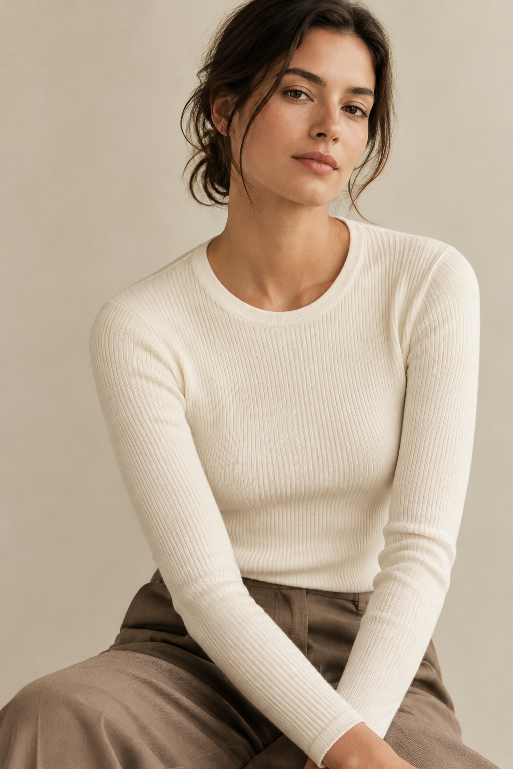 Fine ribbed ivory knit top with long sleeves