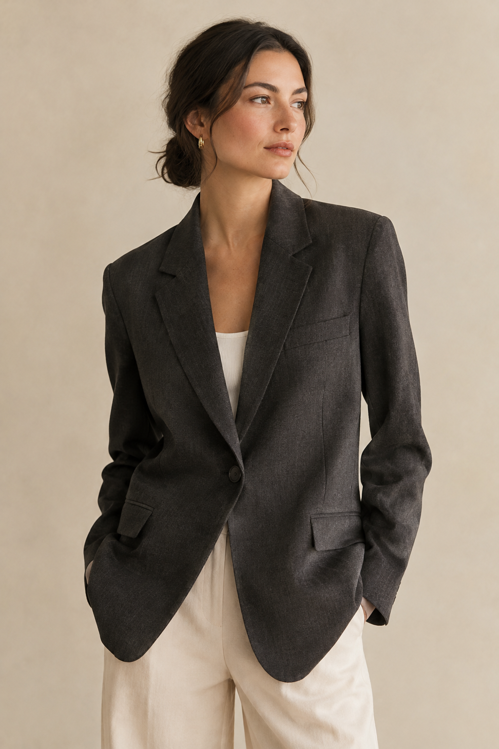 Soft-structured charcoal blazer with relaxed tailoring