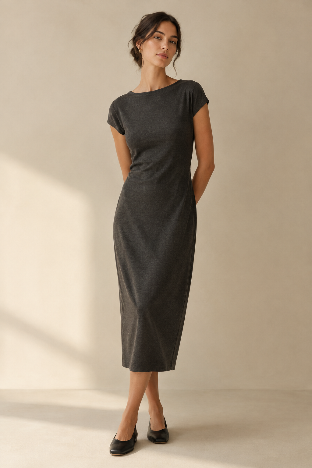 Charcoal midi jersey dress with clean neckline