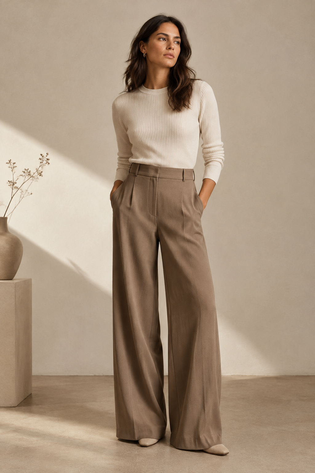 High-rise warm taupe wide-leg trousers