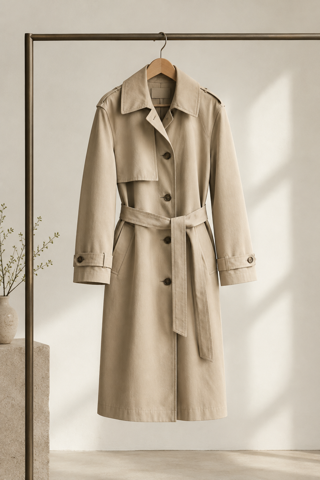 Compact Cotton Trench in stone-beige cotton twill with neat proportions and minimal hardware