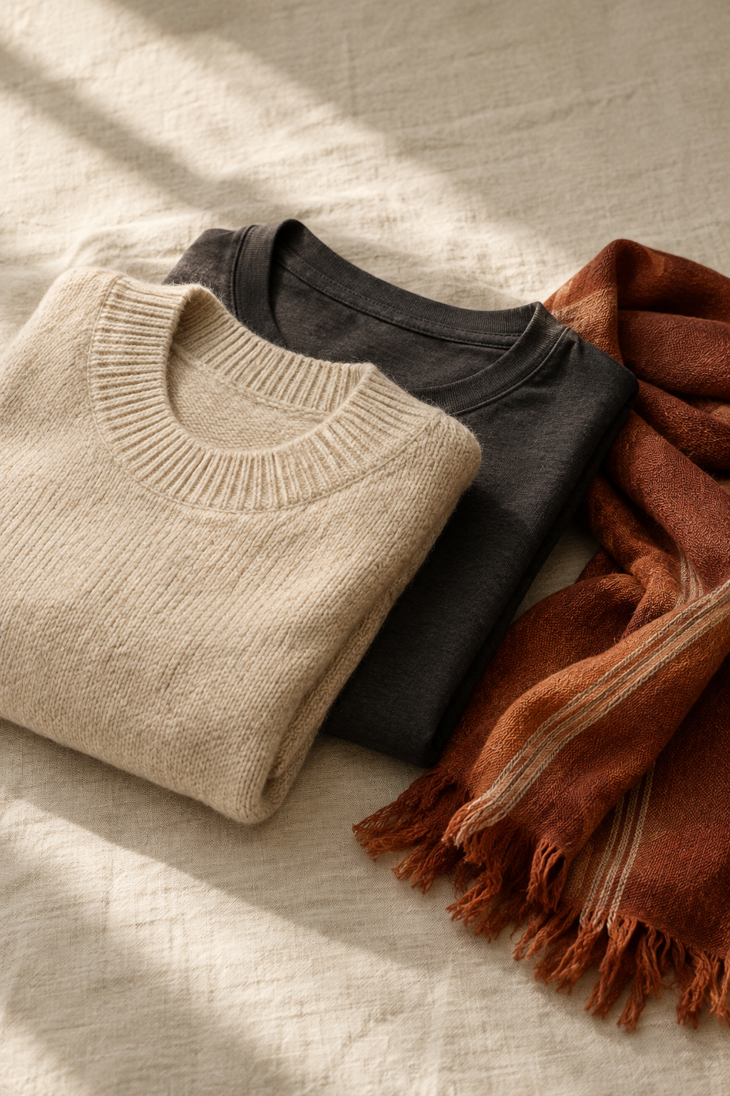 Editorial still-life of warm-neutral everyday apparel folded on textured linen with soft side light