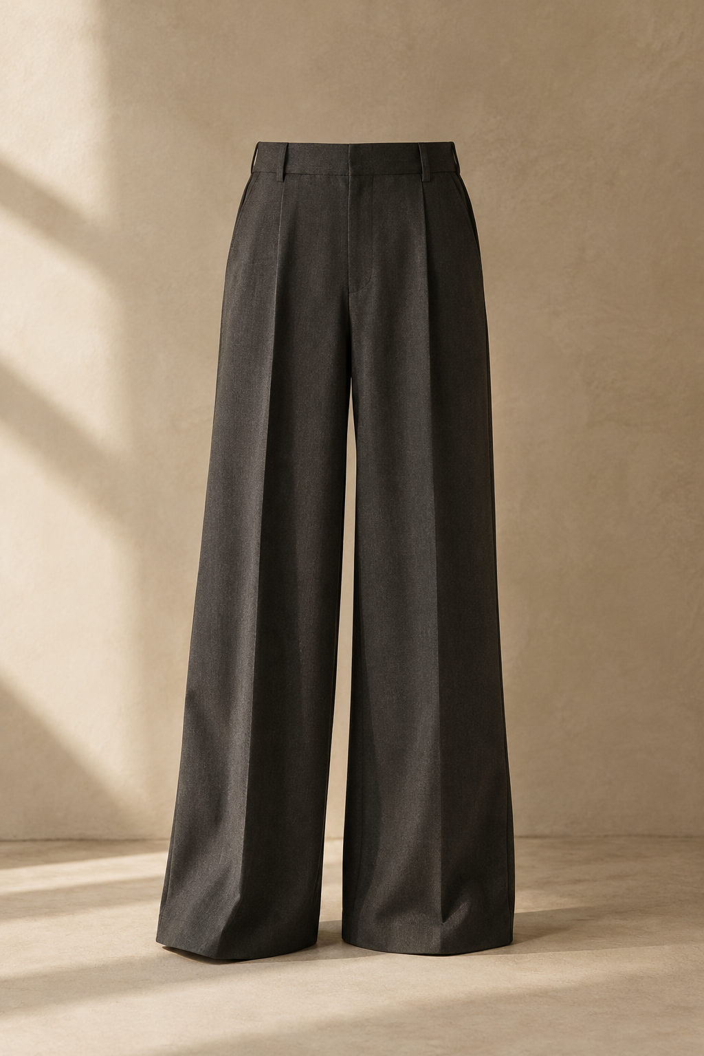 Wide-Leg Trouser in deep charcoal suiting fabric with fluid volume and crisp front crease