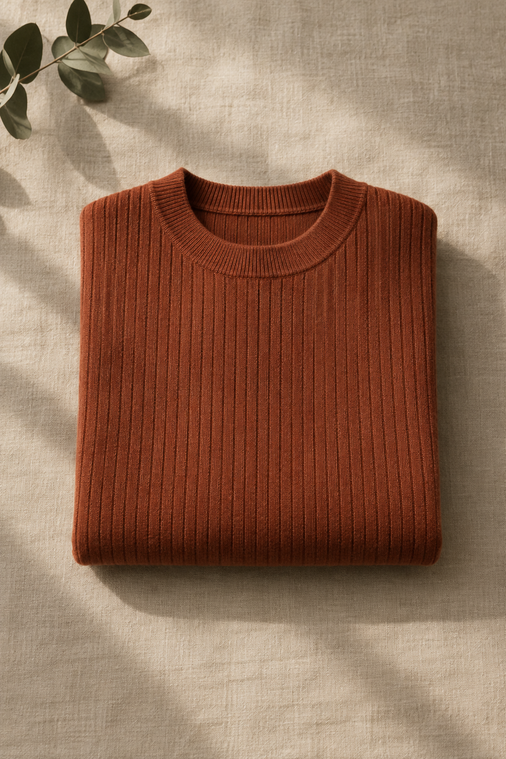 Ribbed Column Knit in muted rust tone with fine vertical texture, styled on an ivory linen surface