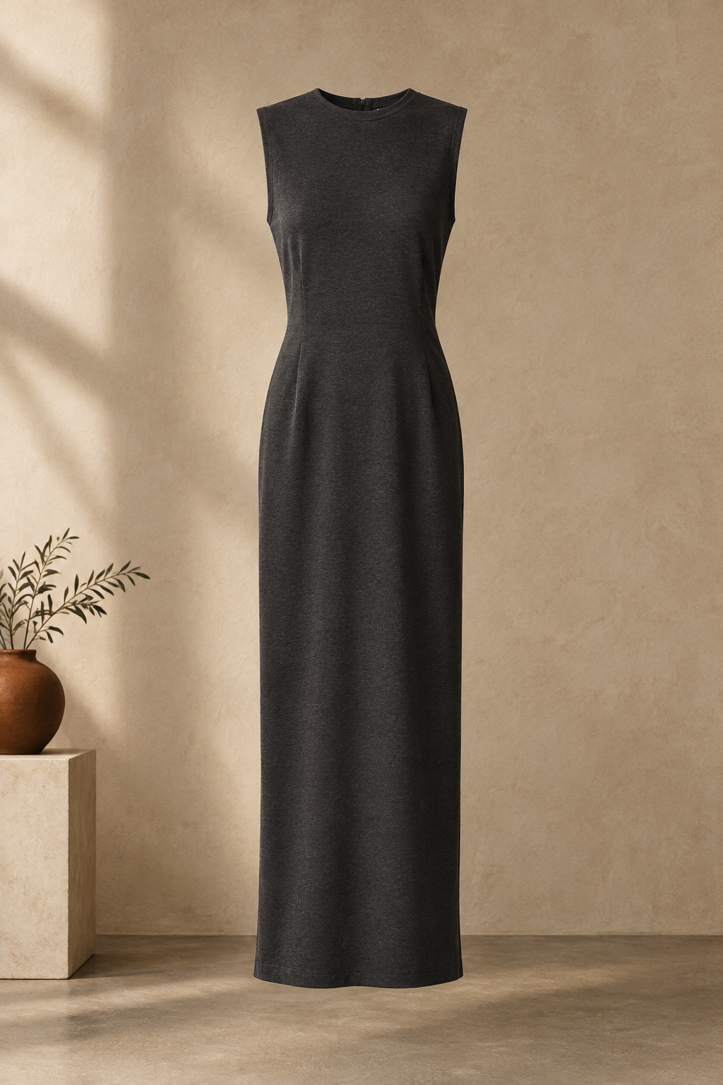 Tailored Jersey Dress in rich charcoal with clean column silhouette and subtle stretch structure