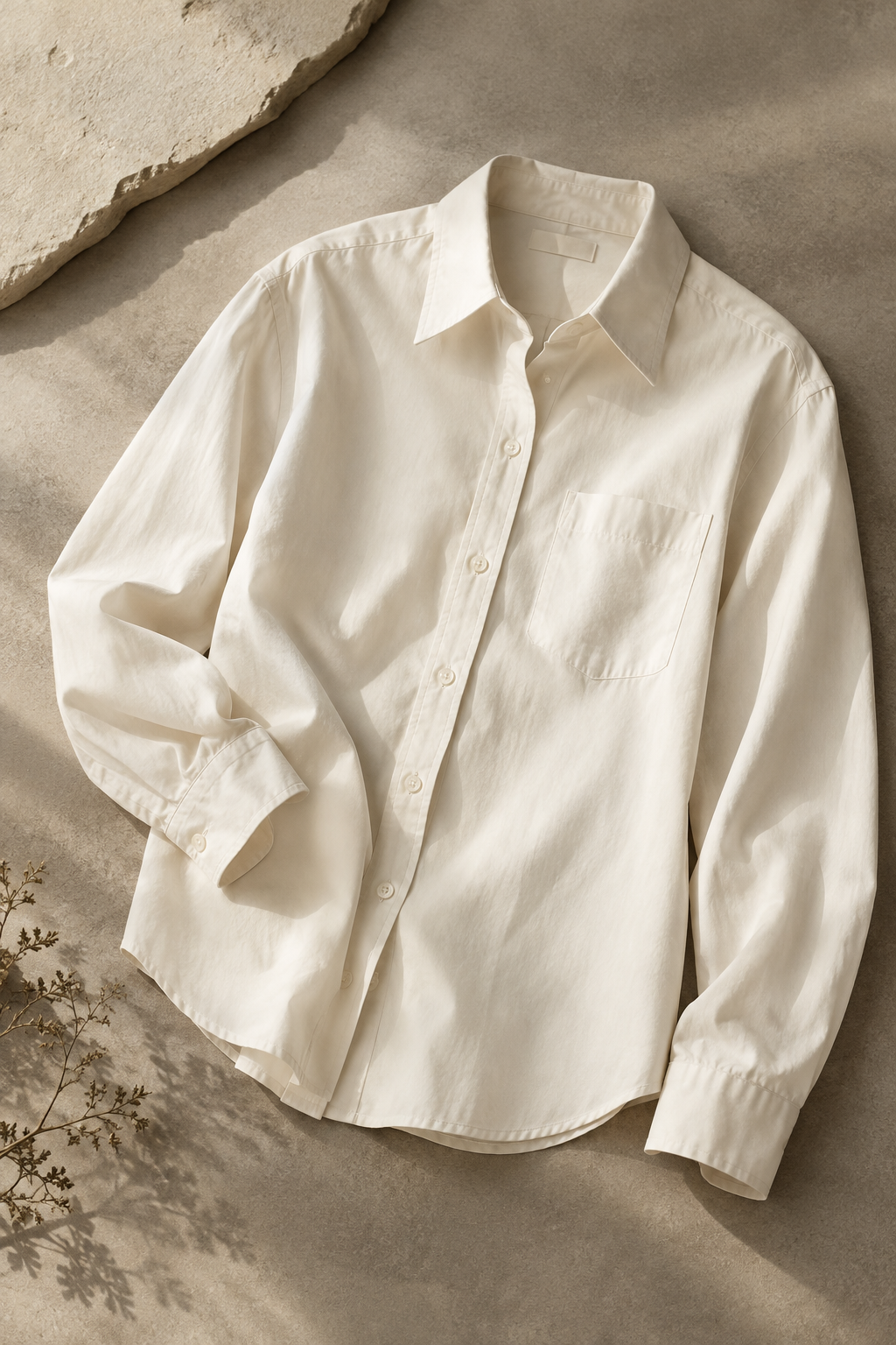 Everyday Poplin Shirt in warm ivory cotton with crisp collar and understated editorial styling