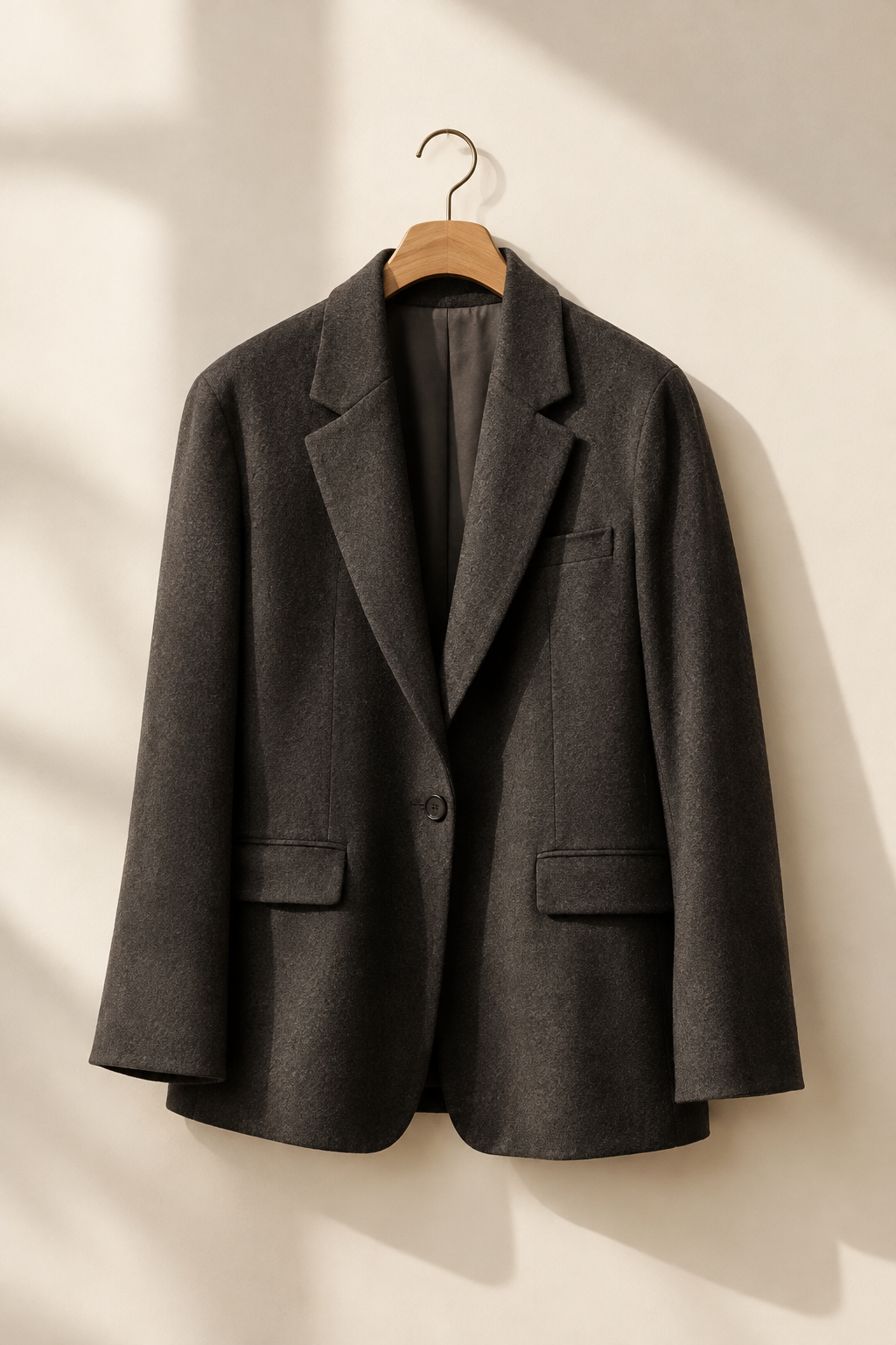 Soft-Structured Blazer in warm charcoal wool blend with gentle tailoring and clean lapel lines in soft studio daylight