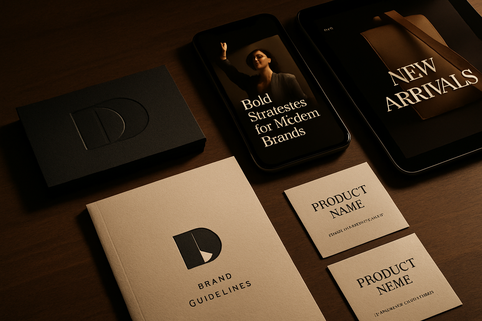 Art-directed arrangement of premium brand identity materials, campaign mockups, and digital marketing screens in a moody studio composition