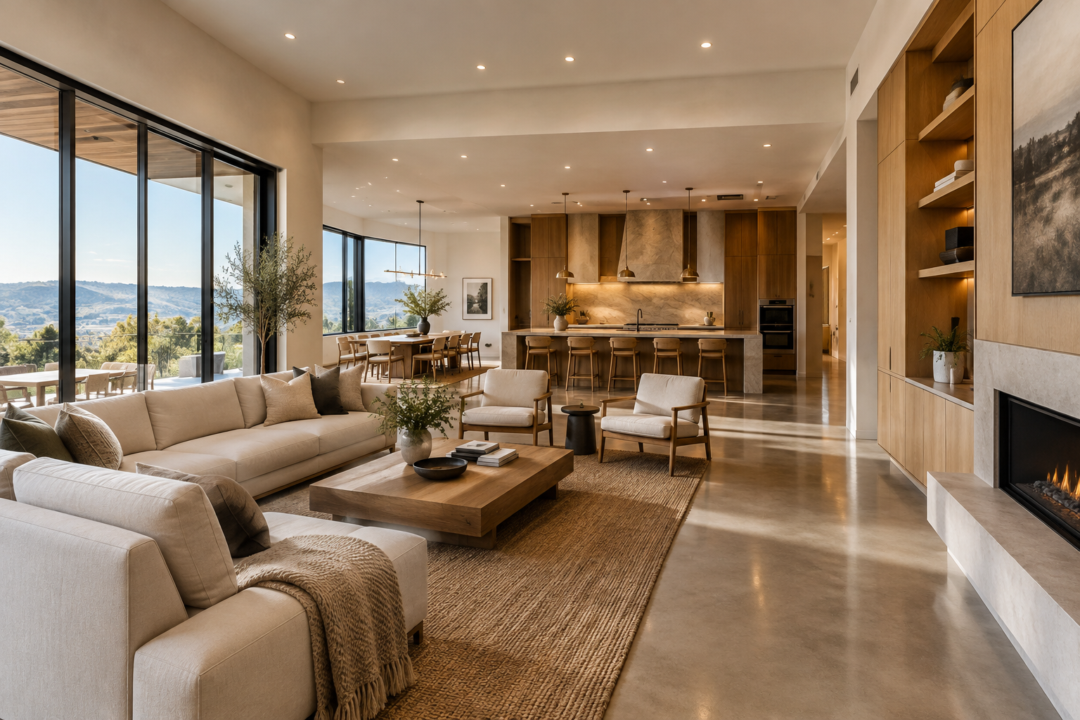 Refined modern California interior with custom millwork, warm lighting, and polished construction detailing