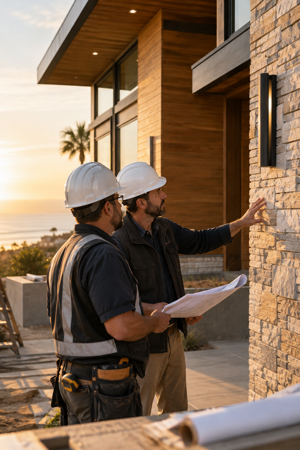 Construction professionals reviewing precise facade detailing on a modern California residential project at golden hour