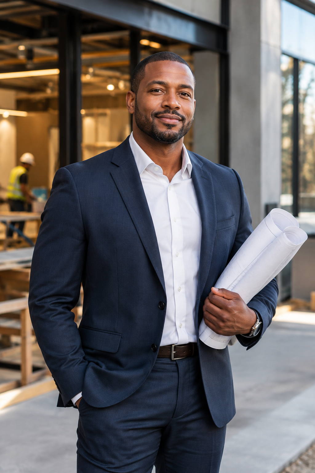 Portrait of an African American male client relations principal in a navy suit standing near architectural plans