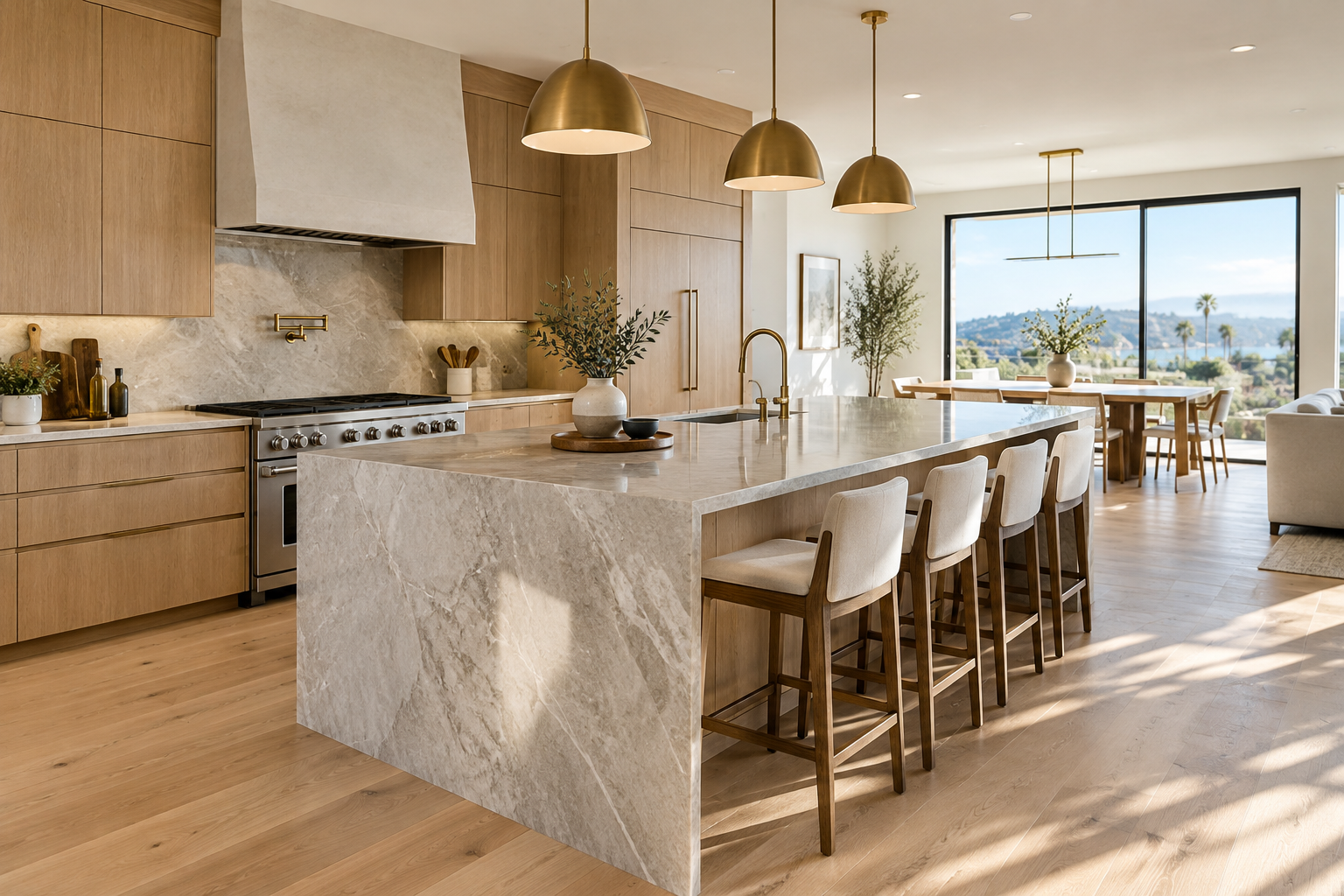 Sunlit modern kitchen remodel with custom white oak cabinetry, waterfall stone island, and brass hardware in a coastal California home