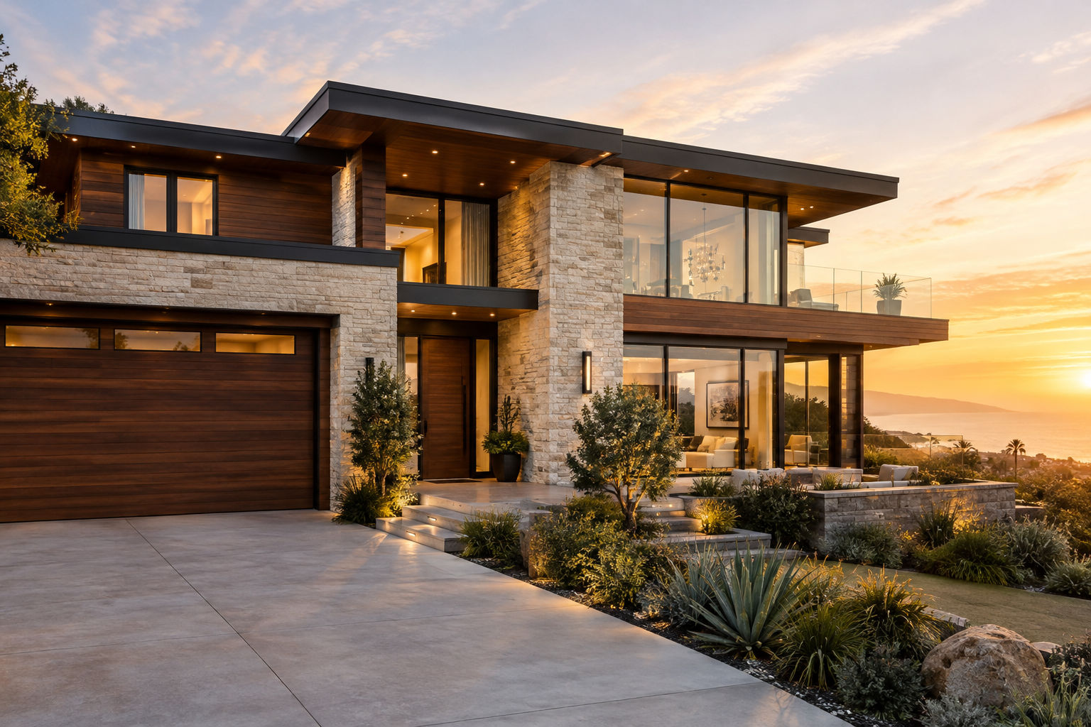 Premium California residential construction with polished modern exterior finishes at golden hour