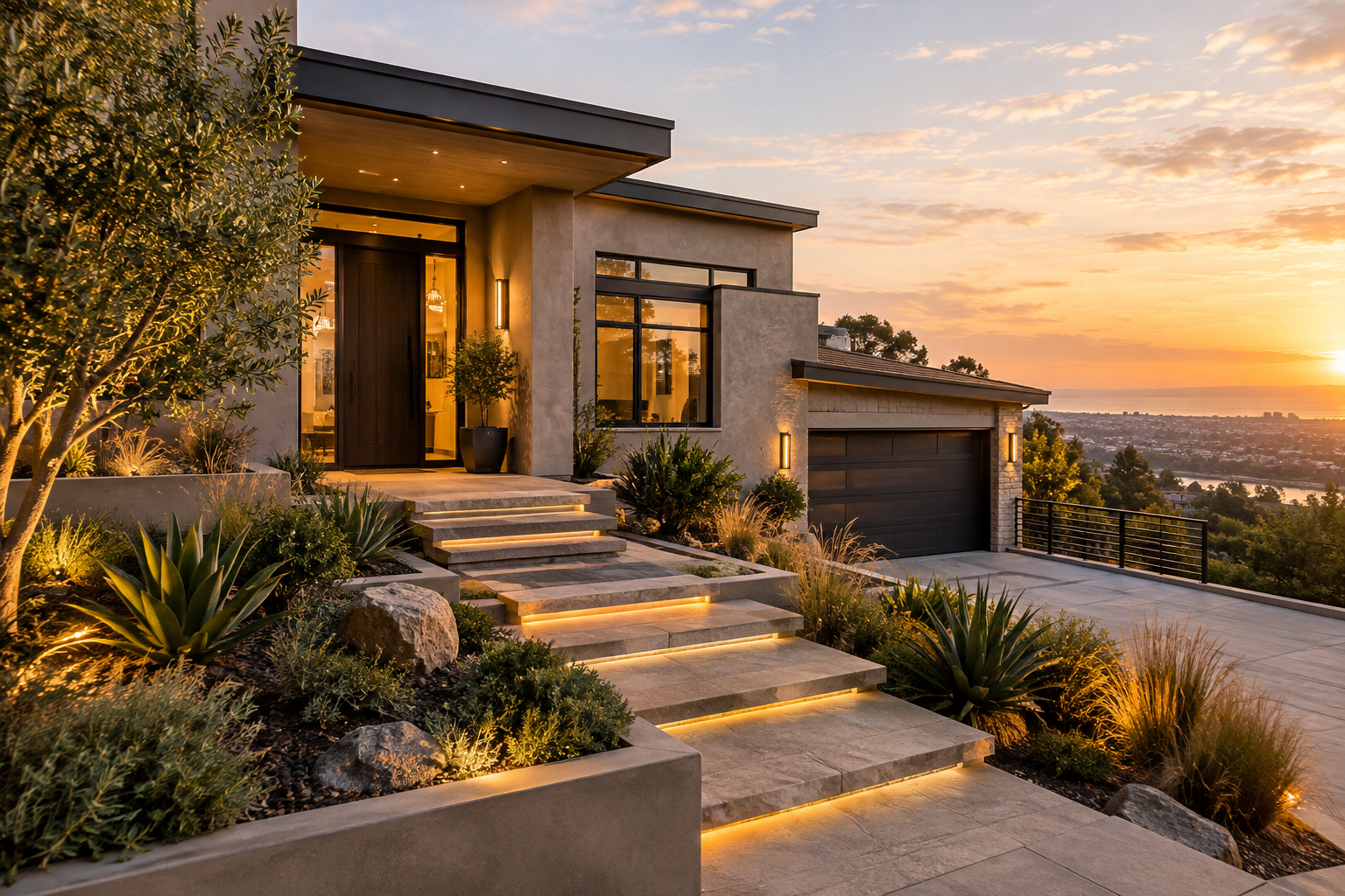 Contemporary hillside residence exterior with smooth stucco walls, linear landscape lighting, and precision stone hardscape