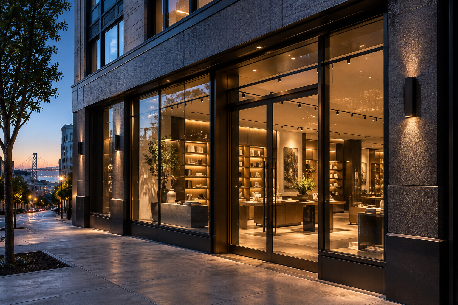 Refined urban storefront renovation with dark framed glass, textured facade, and warm interior lighting at dusk
